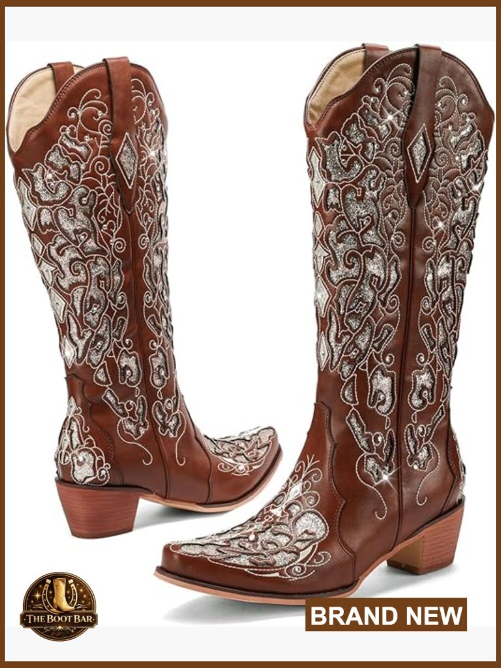 Mid Calf Cowgirl Boot Rhinestone Chunky Heel Western Boot Glitter Sparkle Boot